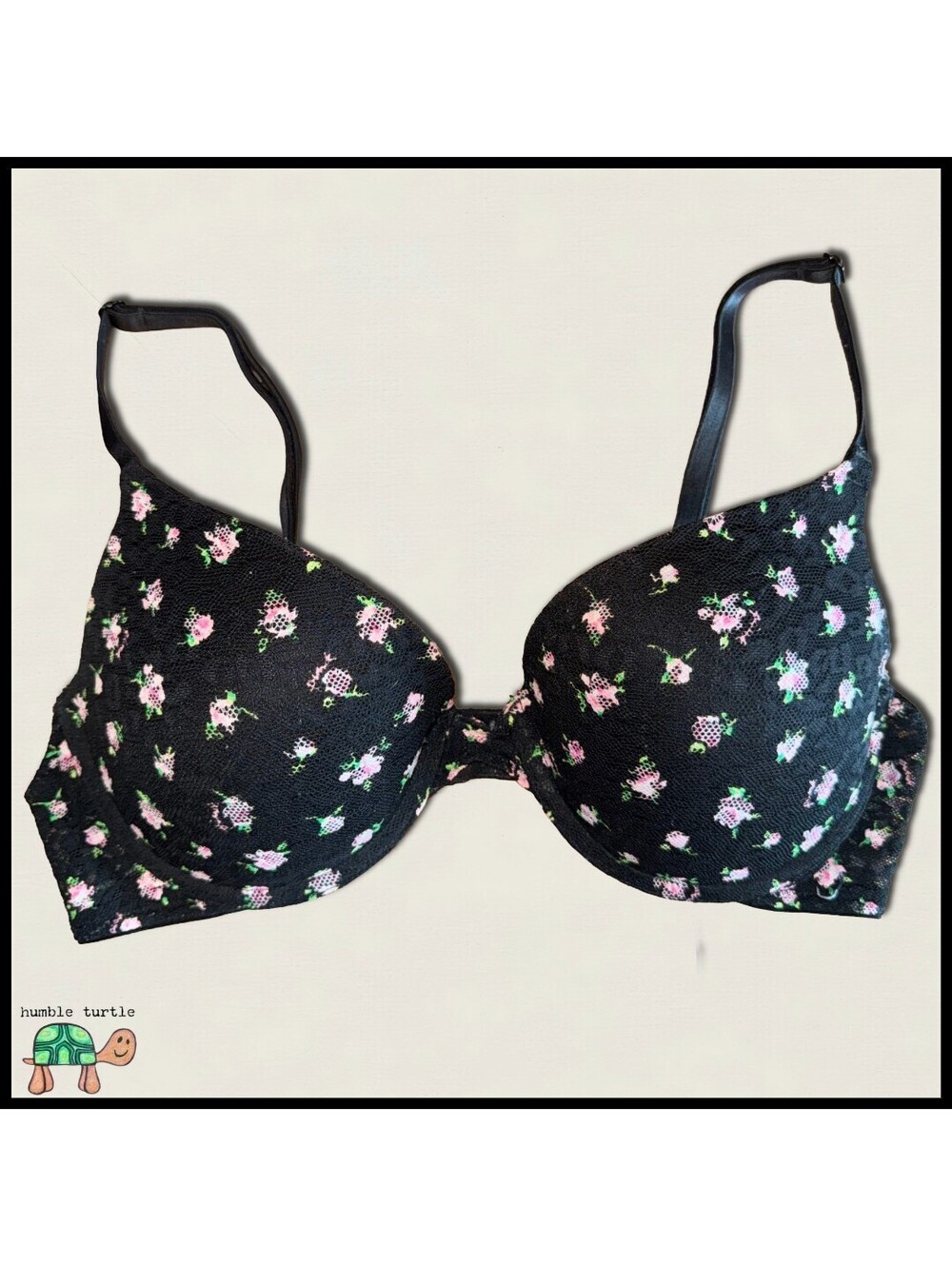 PINK Victoria's Secret Push-Up Bra Black Mesh Lace with Pink Floral Print 34C